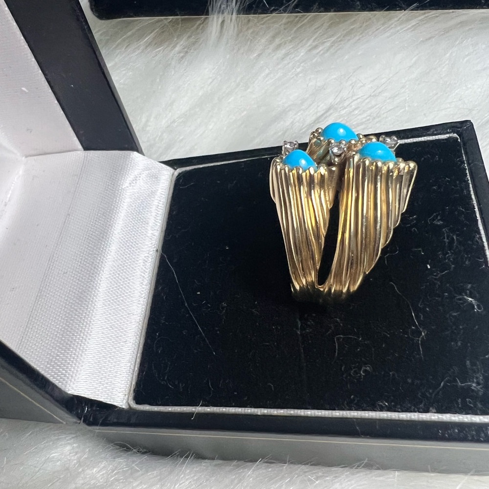 Art Nouveau 14k Yellow Gold, Diamonds 
Turquoise Ring💛🩵💎 - Picture 9 of 17